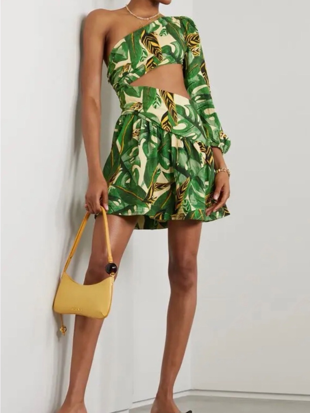 FARM RIO 
Tropical One-Shoulder Green Leaf Print Mini Dress - Picture 2 of 5